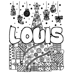 Coloring page first name LOUIS - Christmas tree and presents background