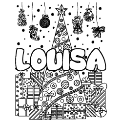 Coloring page first name LOUISA - Christmas tree and presents background