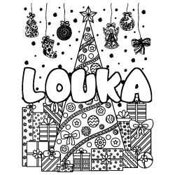 Coloring page first name LOUKA - Christmas tree and presents background