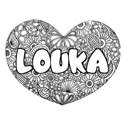 Coloring page first name LOUKA - Heart mandala background