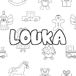Coloring page first name LOUKA - Toys background