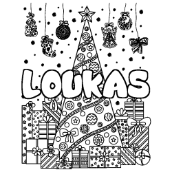 Coloring page first name LOUKAS - Christmas tree and presents background