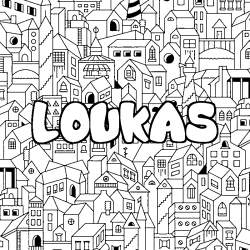 Coloring page first name LOUKAS - City background