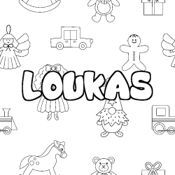 Coloring page first name LOUKAS - Toys background