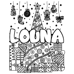 Coloring page first name LOUNA - Christmas tree and presents background