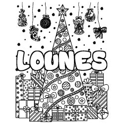Coloring page first name LOUNES - Christmas tree and presents background