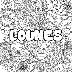 Coloring page first name LOUNES - Fruits mandala background