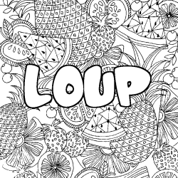 Coloring page first name LOUP - Fruits mandala background