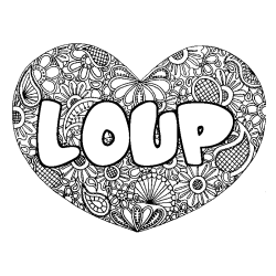 Coloring page first name LOUP - Heart mandala background