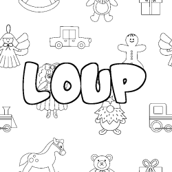 Coloring page first name LOUP - Toys background