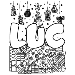 Coloring page first name LUC - Christmas tree and presents background
