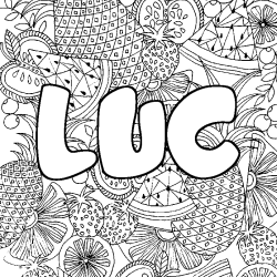 Coloring page first name LUC - Fruits mandala background