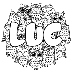 Coloring page first name LUC - Owls background