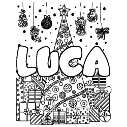 Coloring page first name LUCA - Christmas tree and presents background