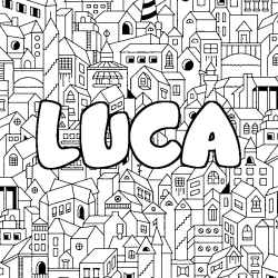 Coloring page first name LUCA - City background