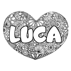Coloring page first name LUCA - Heart mandala background