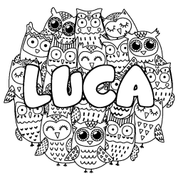 Coloring page first name LUCA - Owls background