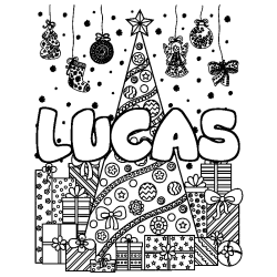 Coloring page first name LUCAS - Christmas tree and presents background