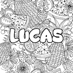 Coloring page first name LUCAS - Fruits mandala background