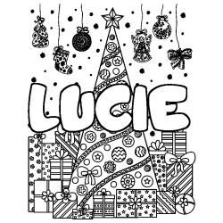 Coloring page first name LUCIE - Christmas tree and presents background