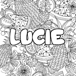 Coloring page first name LUCIE - Fruits mandala background