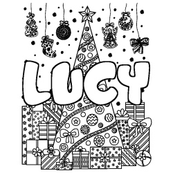 Coloring page first name LUCY - Christmas tree and presents background