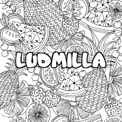 Coloring page first name LUDMILLA - Fruits mandala background