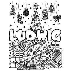 Coloring page first name LUDWIG - Christmas tree and presents background