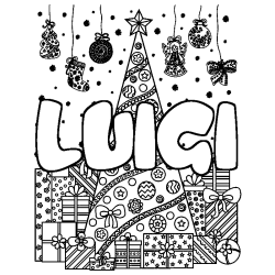 Coloring page first name LUIGI - Christmas tree and presents background