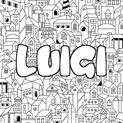 Coloring page first name LUIGI - City background