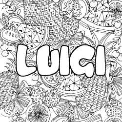 Coloring page first name LUIGI - Fruits mandala background