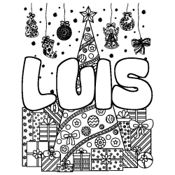 Coloring page first name LUIS - Christmas tree and presents background