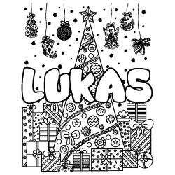 Coloring page first name LUKAS - Christmas tree and presents background