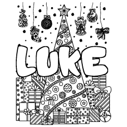 Coloring page first name LUKE - Christmas tree and presents background