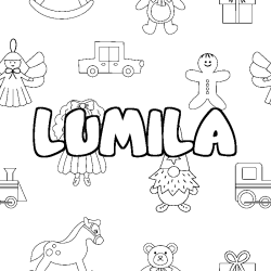 Coloring page first name LUMILA - Toys background