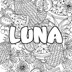 Coloring page first name LUNA - Fruits mandala background