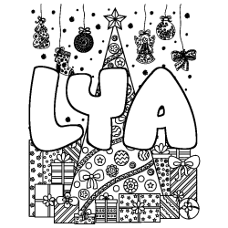 Coloring page first name LYA - Christmas tree and presents background