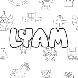 Coloring page first name LYAM - Toys background