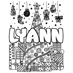 Coloring page first name LYANN - Christmas tree and presents background