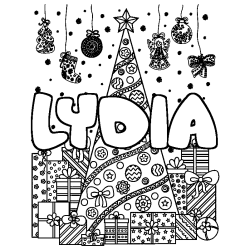 Coloring page first name LYDIA - Christmas tree and presents background