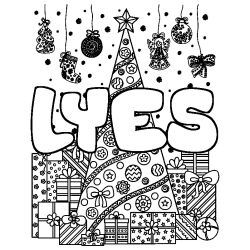 Coloring page first name LYES - Christmas tree and presents background