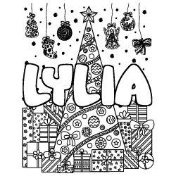 Coloring page first name LYLIA - Christmas tree and presents background