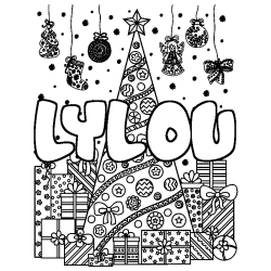 Coloring page first name LYLOU - Christmas tree and presents background