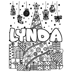 Coloring page first name LYNDA - Christmas tree and presents background
