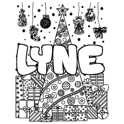 Coloring page first name LYNE - Christmas tree and presents background