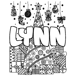 Coloring page first name LYNN - Christmas tree and presents background