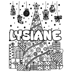 Coloring page first name LYSIANE - Christmas tree and presents background