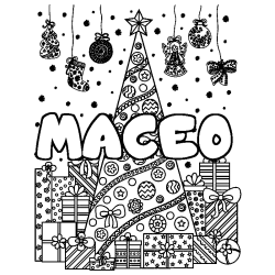 Coloring page first name MACEO - Christmas tree and presents background