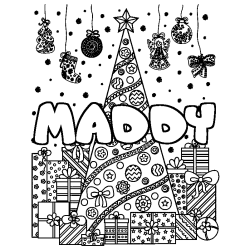 Coloring page first name MADDY - Christmas tree and presents background