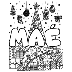 Coloring page first name MAÉ - Christmas tree and presents background